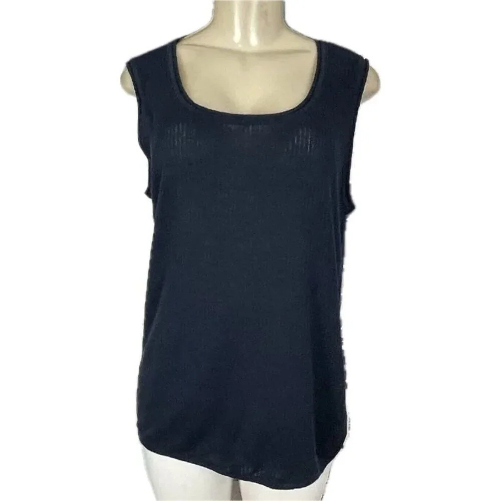 Jones New York L Navy Blue Scoop Neckline Ribbed Trim Linen Rayon Sleeveless Top - Picture 2 of 6